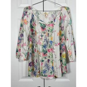 Fig and Flower Floral Lace Panel Peasant Blouse White Multi L
